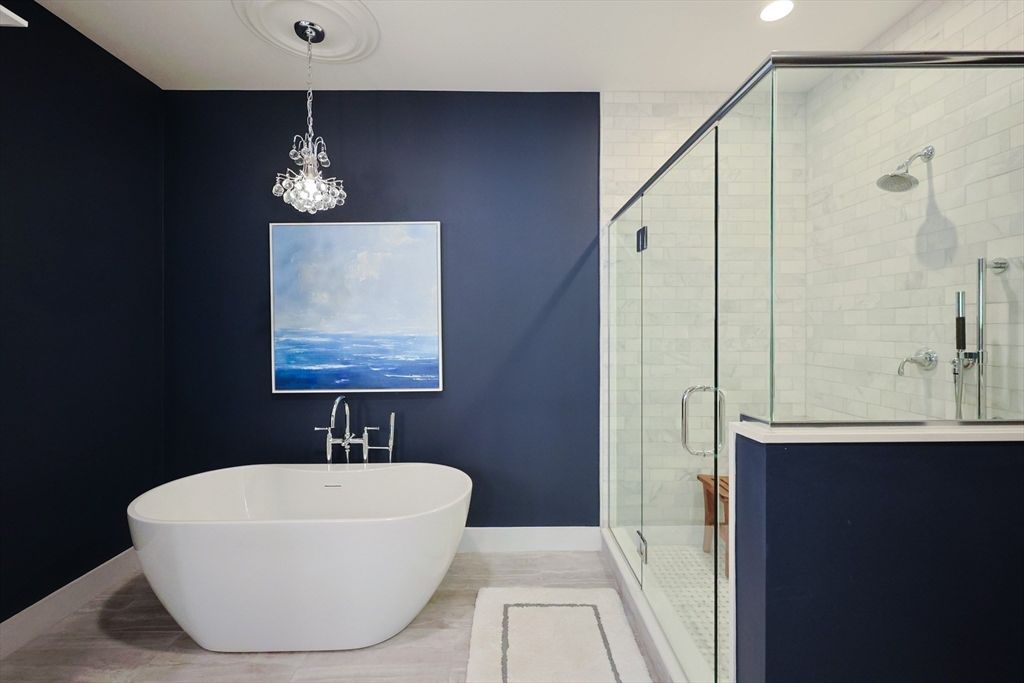 Bathroom, Free Standing Baths, Glass Shower, Interior, Pendant Lights, Recessed Lighting