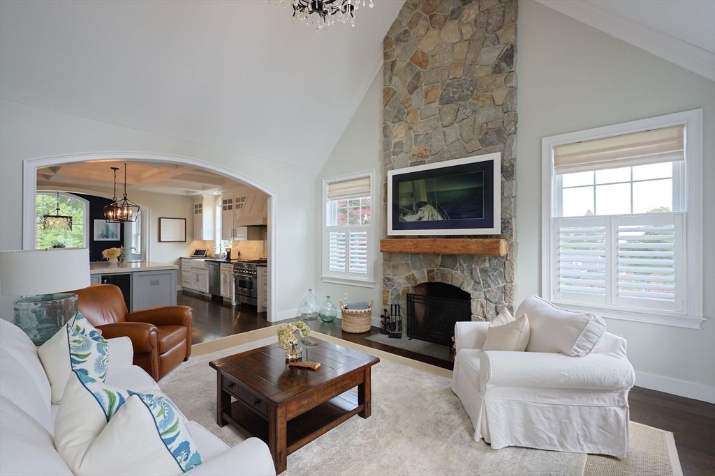 Fireplace, Interior, Kitchen, Living room, Pendant Lights, Stone Walls, Wood Texture Flooring