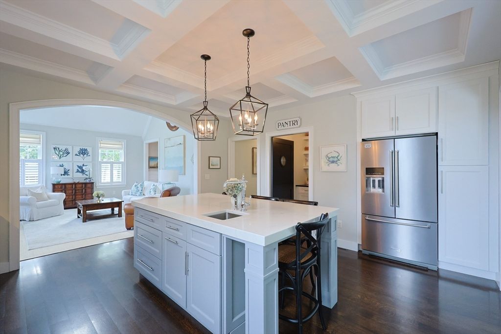 Chandelier, Interior, Kitchen, Living room, Pendant Lights, Stainless Steel Appliances, Wood Texture Flooring