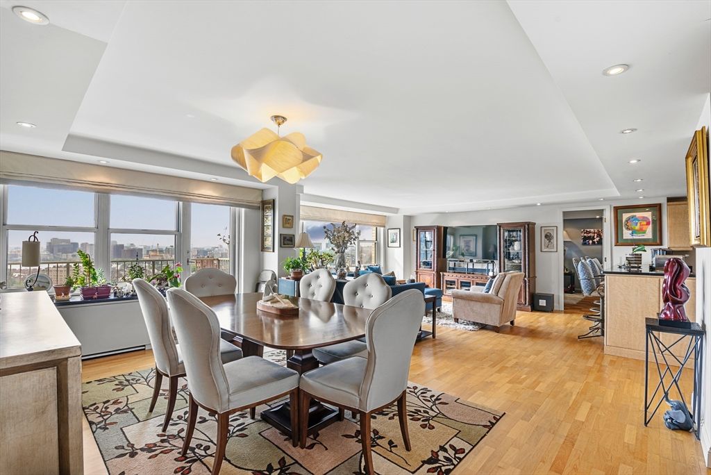 Dining room, Interior, Living room, Recessed Lighting, Wood Texture Flooring