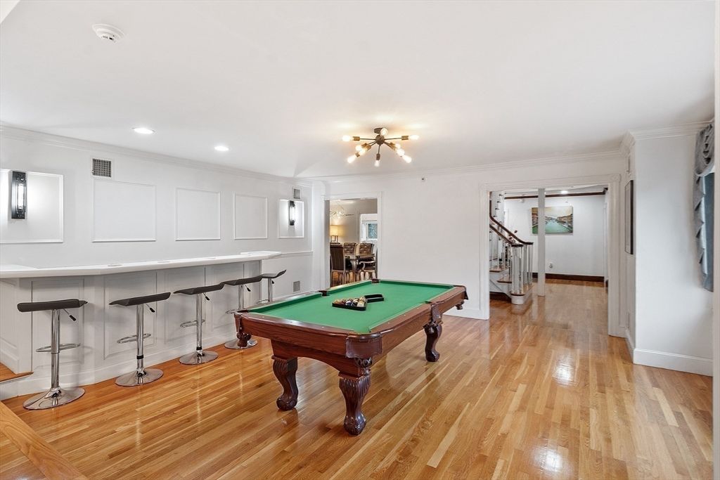 Billiard Table, Game Room, Interior, Pendant Lights, Recessed Lighting, Wood Texture Flooring