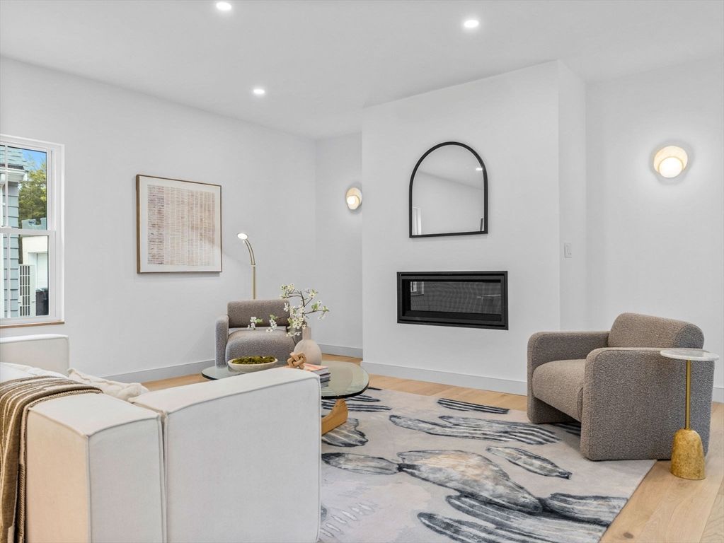 Fireplace, Interior, Recessed Lighting, Wood Texture Flooring