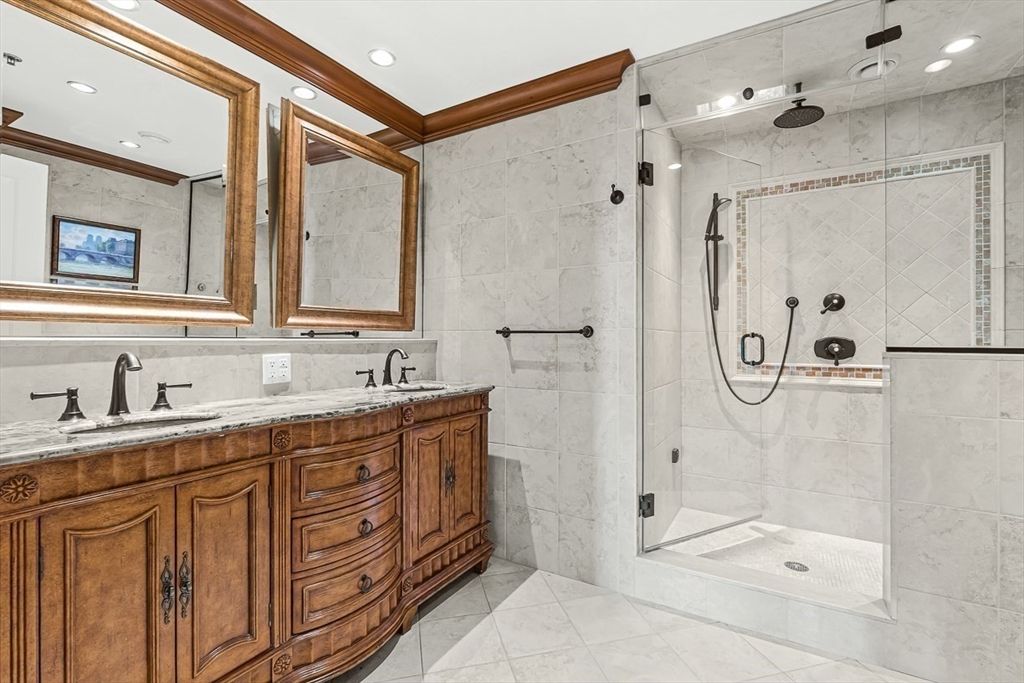 Bathroom, Dual Sink Vanities, Glass Shower, Interior, Marble Walls, Recessed Lighting