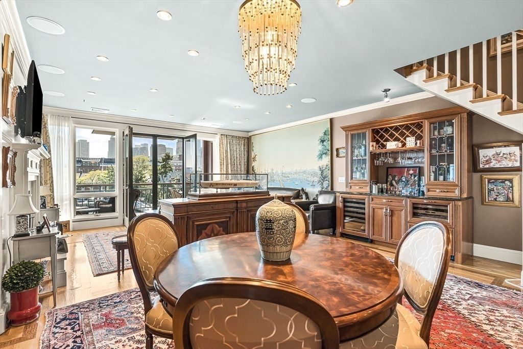 Chandelier, Dining room, Interior, Recessed Lighting, Water, Wood Texture Flooring