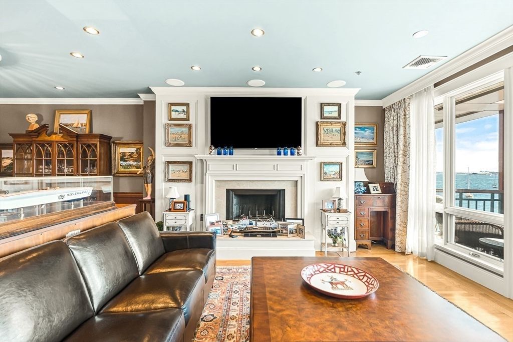 Fireplace, Interior, Living room, Recessed Lighting, Water, Wood Texture Flooring