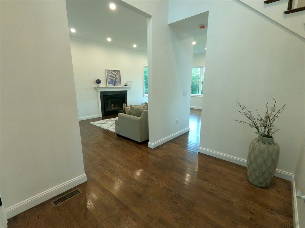 Fireplace, Interior, Recessed Lighting, Wood Texture Flooring