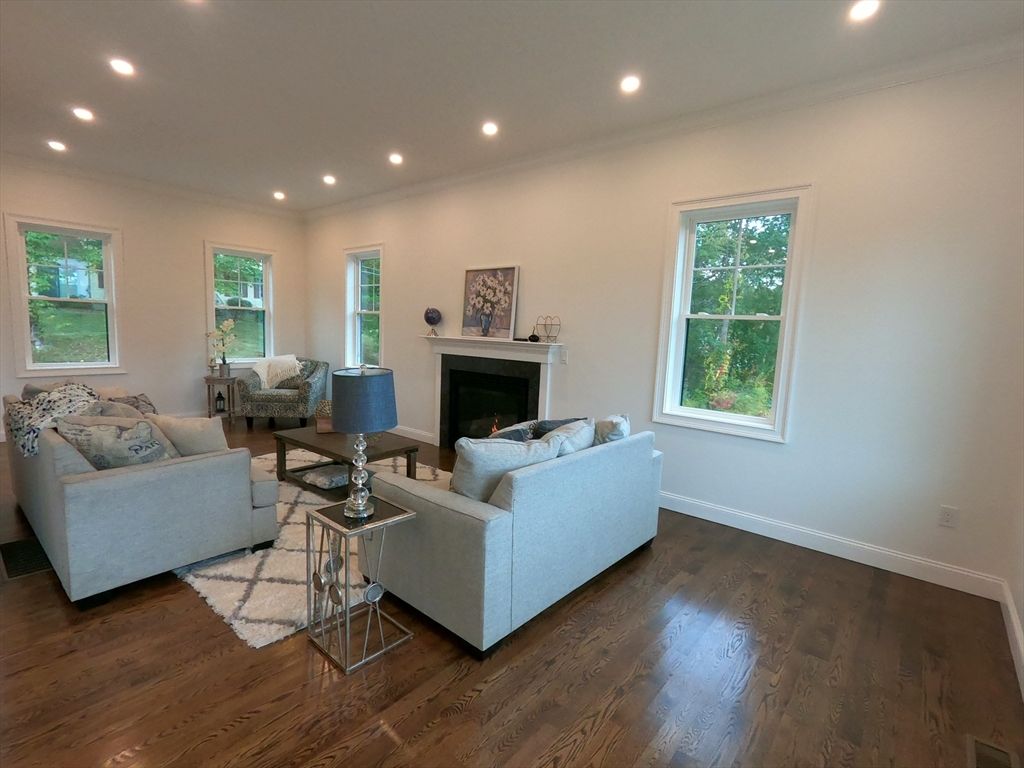 Fireplace, Interior, Living room, Recessed Lighting, Wood Texture Flooring