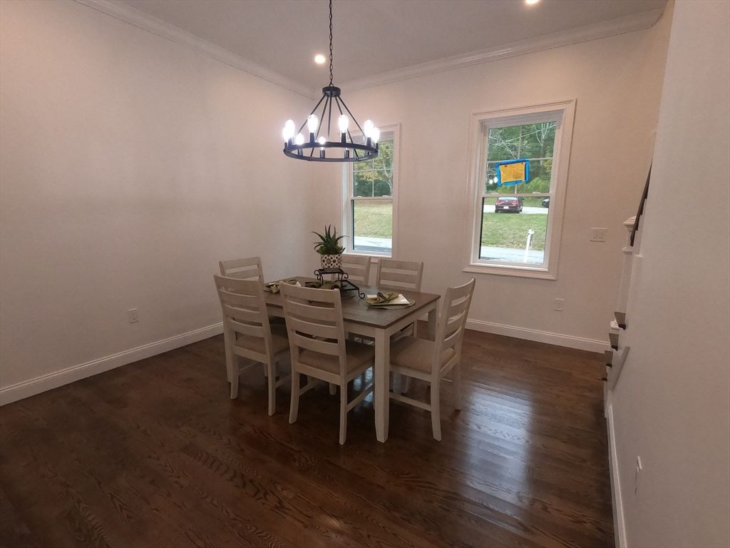 Chandelier, Dining room, Interior, Recessed Lighting, Wood Texture Flooring