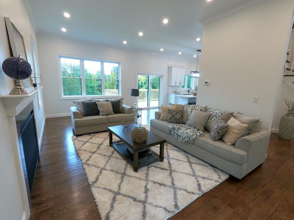 Fireplace, Interior, Kitchen, Living room, Pendant Lights, Recessed Lighting, Wood Texture Flooring