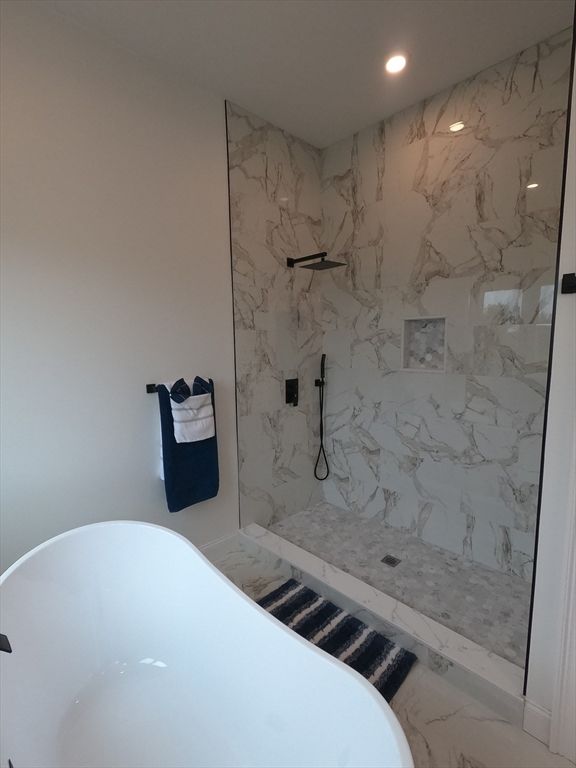 Bathroom, Free Standing Baths, Interior, Marble, Marble Walls, Recessed Lighting
