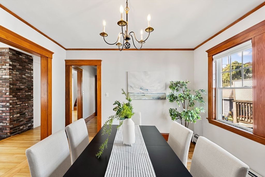 Chandelier, Dining room, Interior, Stone Walls, Wood Texture Flooring
