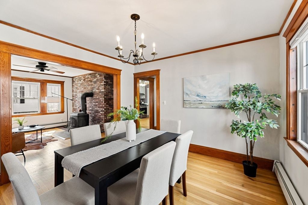 Chandelier, Dining room, Interior, Stone Walls, Wood Texture Flooring