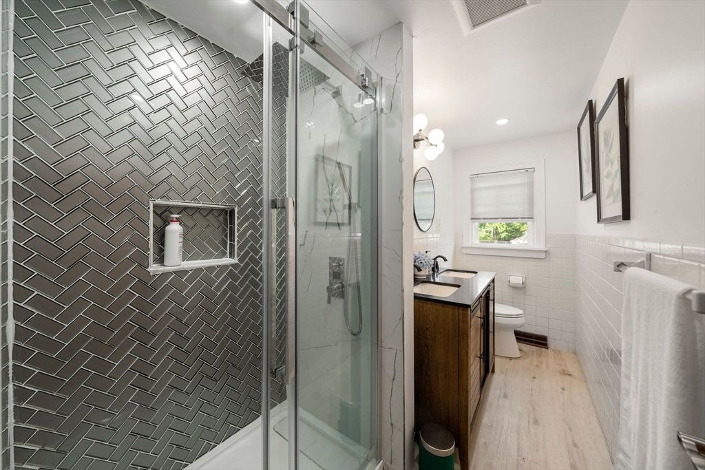 Bathroom, Glass Shower, Interior, Recessed Lighting, Wood Texture Flooring