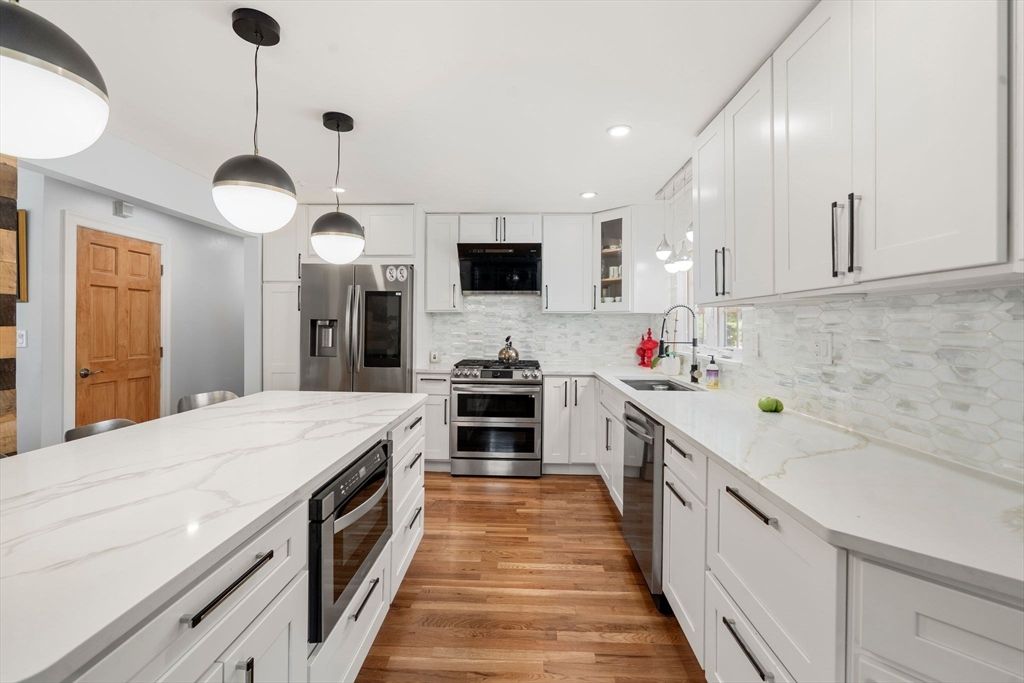 Interior, Kitchen, Pendant Lights, Recessed Lighting, Stainless Steel Appliances, Wood Texture Flooring