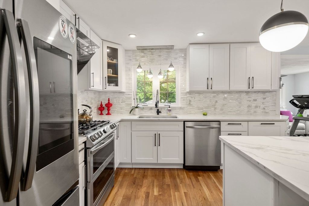 Interior, Kitchen, Pendant Lights, Recessed Lighting, Stainless Steel Appliances, Wood Texture Flooring