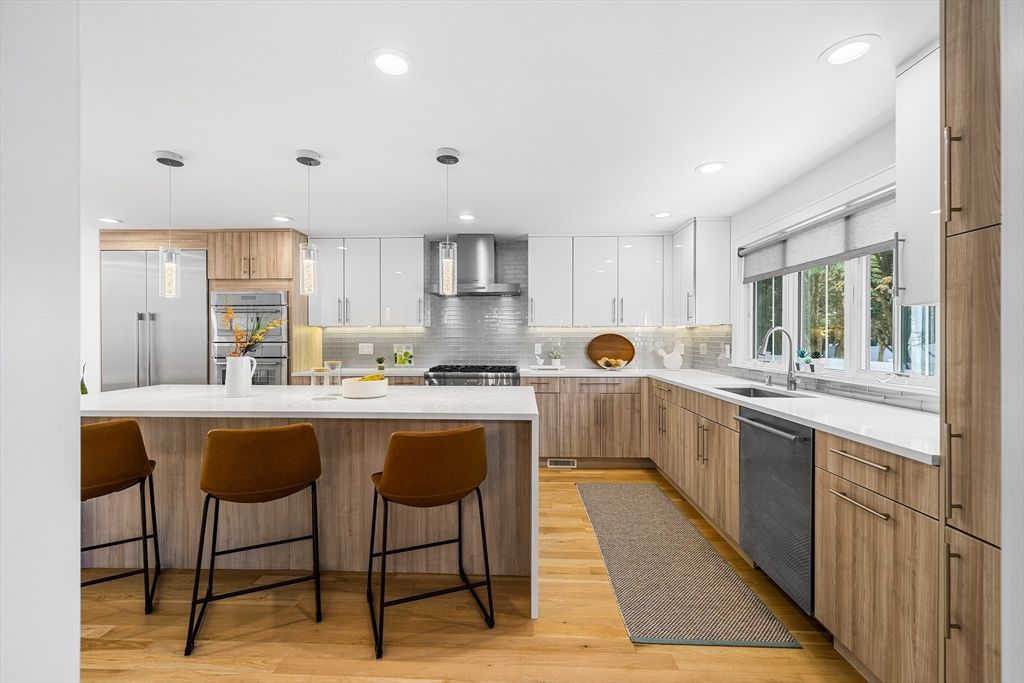 Interior, Kitchen, Pendant Lights, Recessed Lighting, Stainless Steel Appliances, Wood Texture Flooring