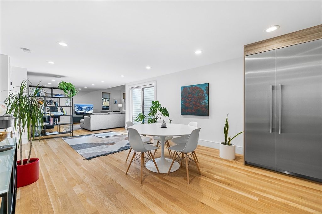 Dining room, Interior, Kitchen, Living room, Recessed Lighting, Stainless Steel Appliances, Wood Texture Flooring