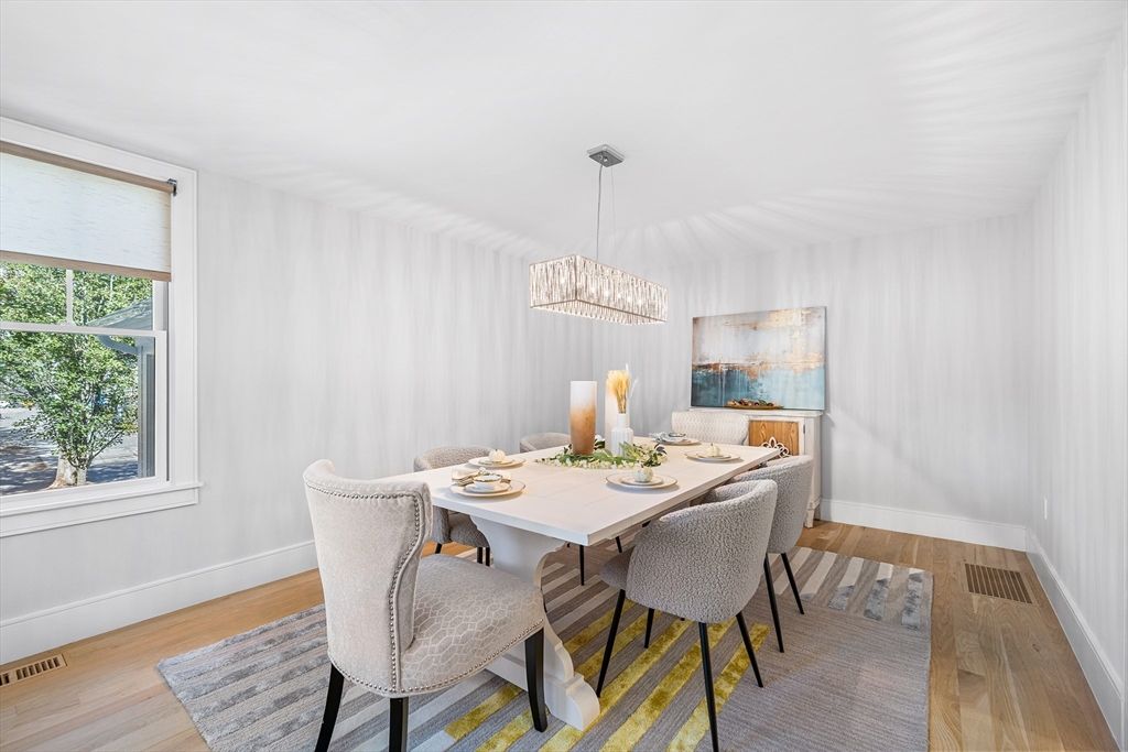 Dining room, Interior, Pendant Lights, Wood Texture Flooring