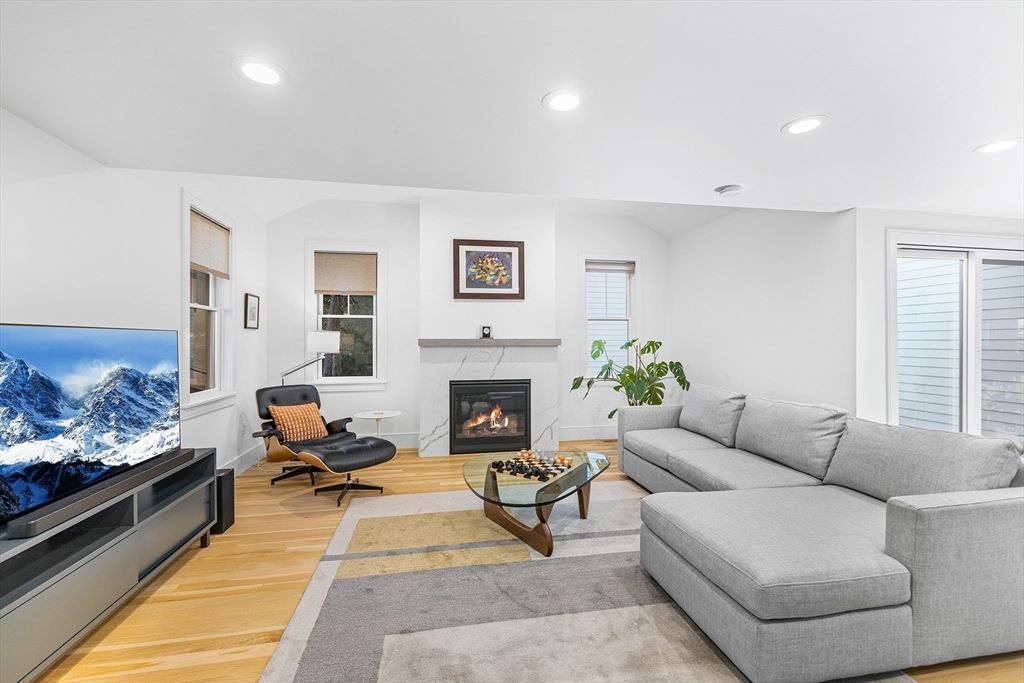 Fireplace, Interior, Living room, Recessed Lighting, Wood Texture Flooring