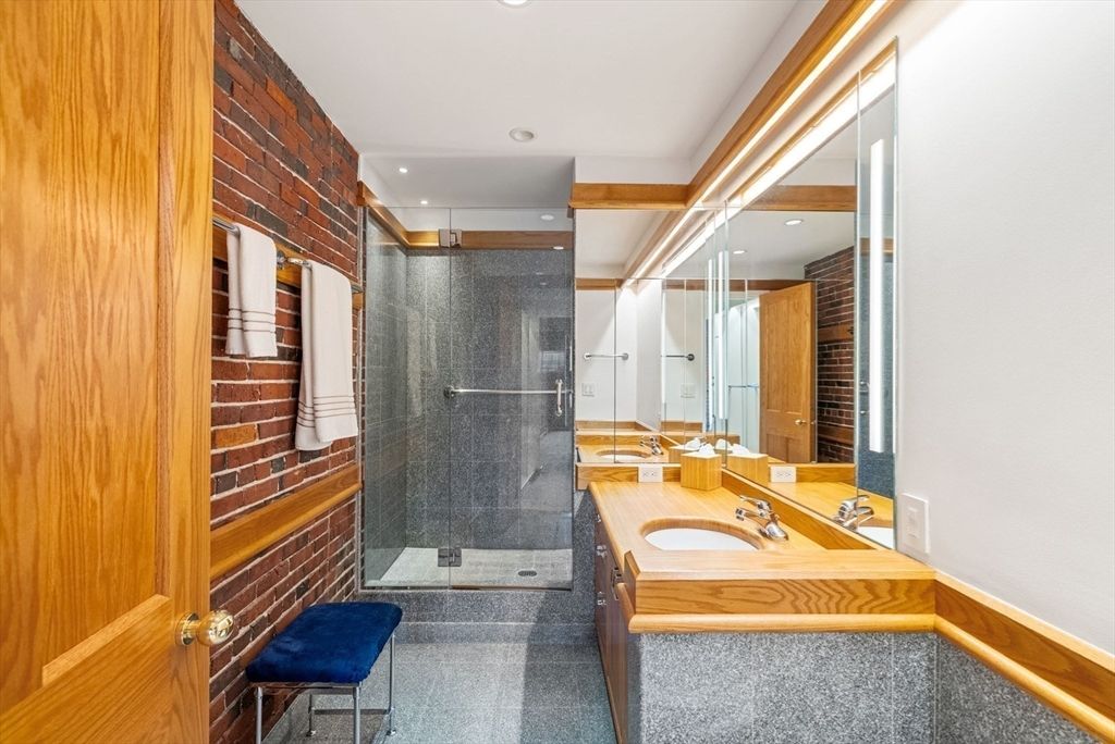 Bathroom, Glass Shower, Interior, Recessed Lighting, Stone Walls