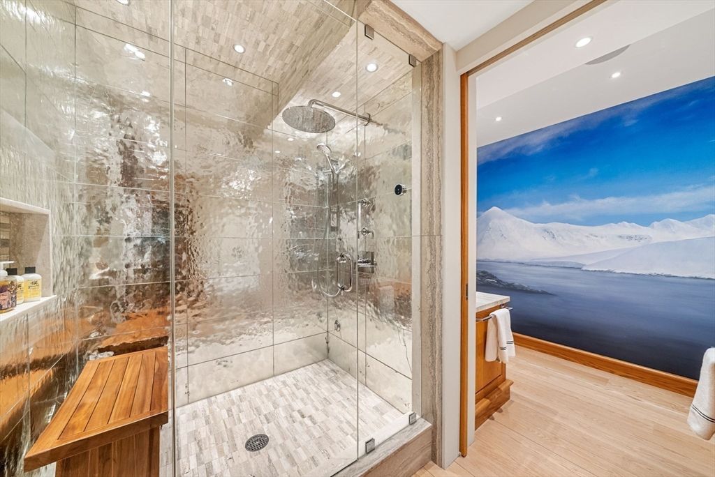 Bathroom, Glass Shower, Interior, Recessed Lighting, Wood Texture Flooring