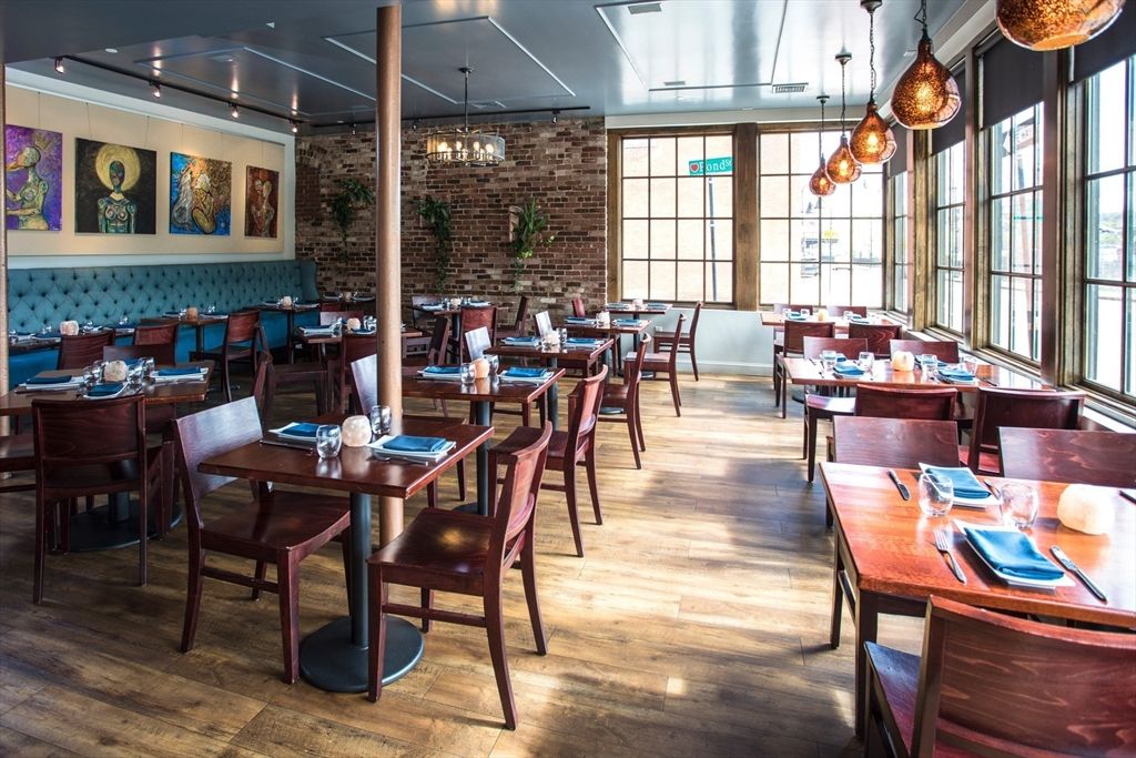 Dining room, Interior, Pendant Lights, Stone Walls, Wood Texture Flooring