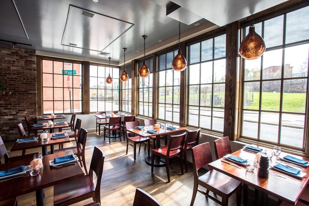 Dining room, Interior, Pendant Lights, Stone Walls, Wood Texture Flooring
