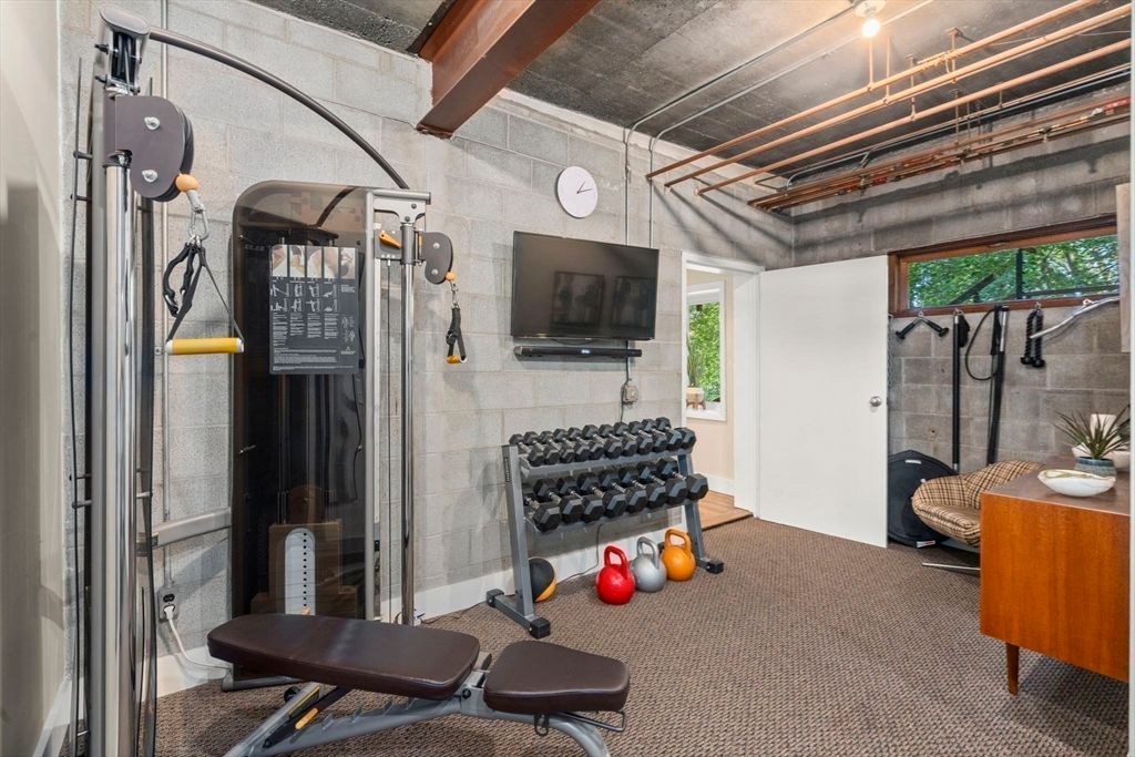 Fitness Equipment, Interior, Stone Walls, Wooden Beams