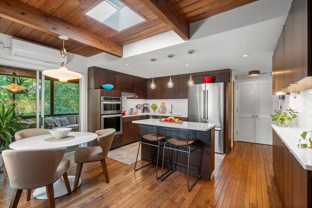 Interior, Kitchen, Pendant Lights, Recessed Lighting, Stainless Steel Appliances, Wooden Beams, Wooden Ceilings, Wood Texture Flooring