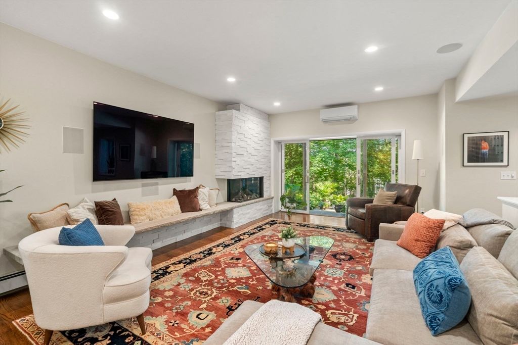 Fireplace, Interior, Living room, Recessed Lighting, Wood Texture Flooring