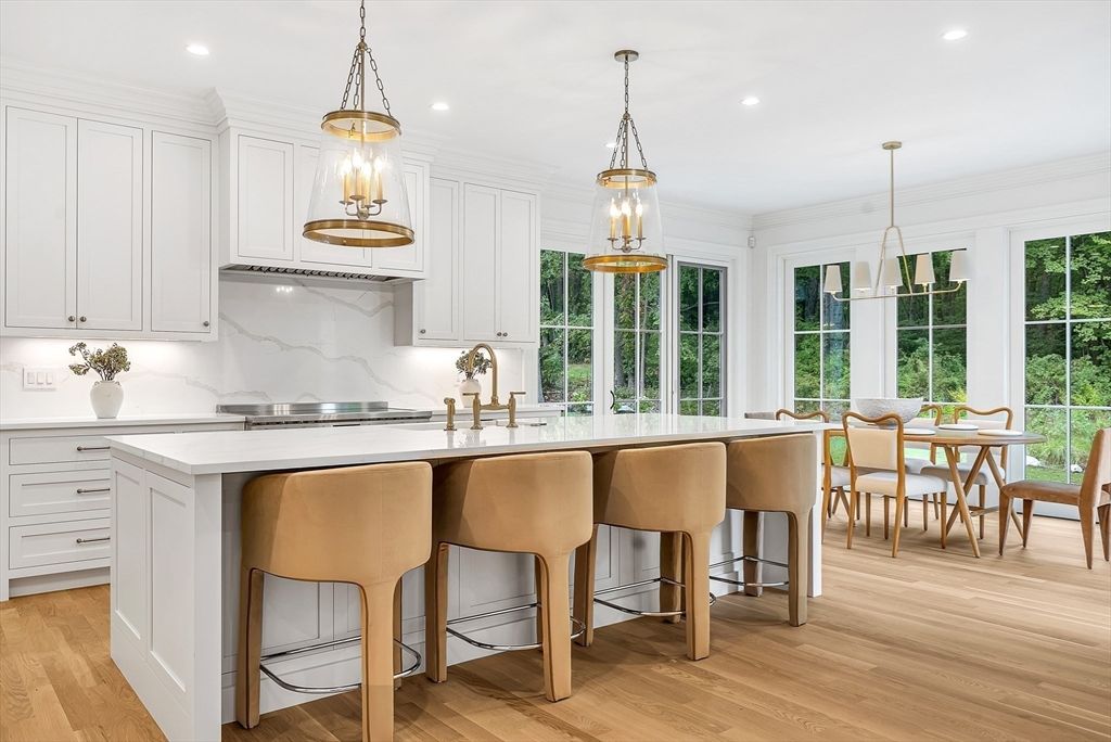 Dining room, Interior, Kitchen, Marble Walls, Pendant Lights, Recessed Lighting, Wood Texture Flooring