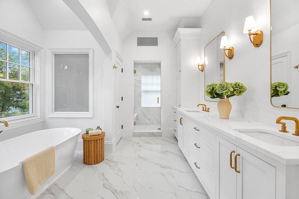 Bathroom, Dual Sink Vanities, Free Standing Baths, Interior, Marble, Marble Walls, Recessed Lighting