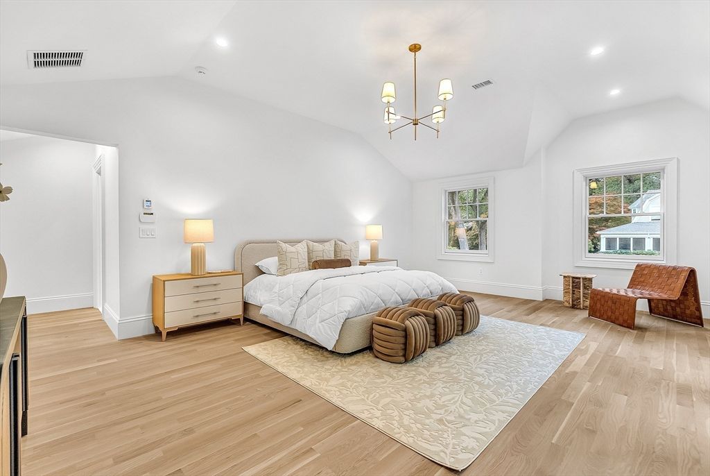 Bedroom, Interior, Pendant Lights, Recessed Lighting, Wood Texture Flooring
