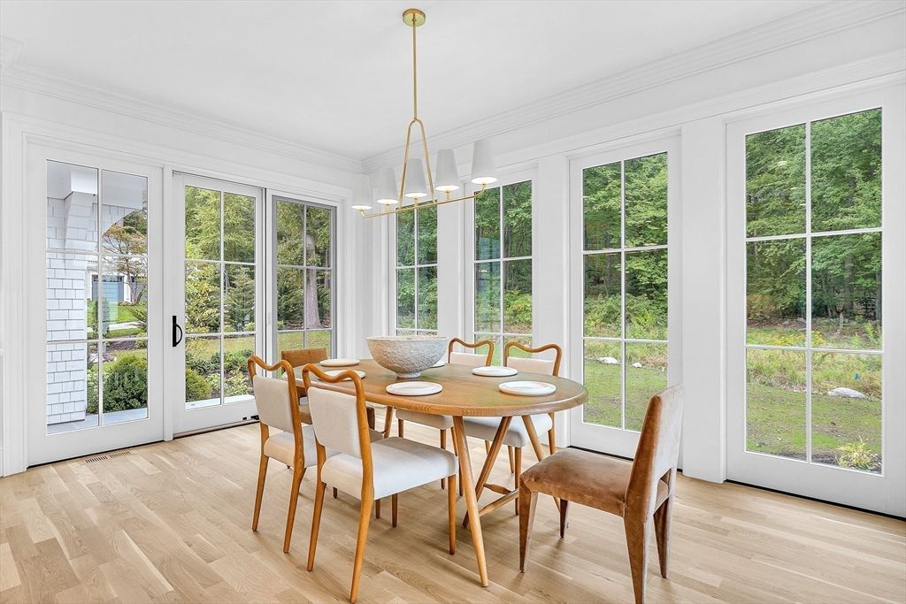 Dining room, Interior, Pendant Lights, Wood Texture Flooring