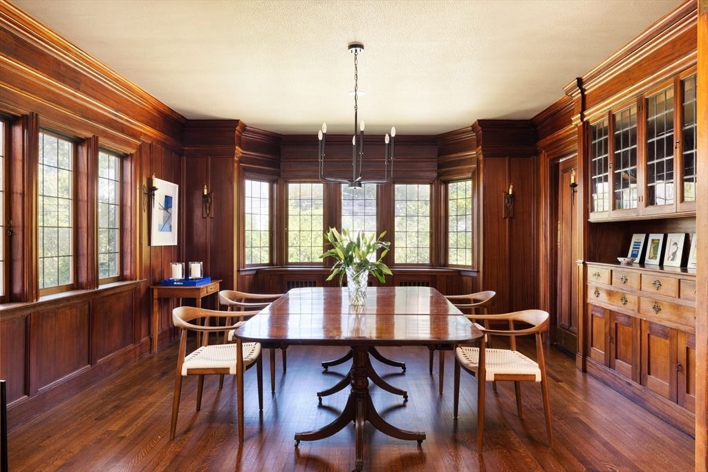 Dining room, Interior, Pendant Lights, Wood Texture Flooring, Wooden Walls