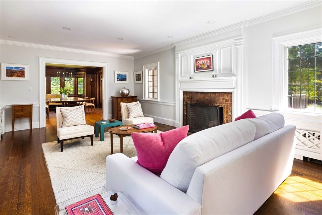 Dining room, Fireplace, Interior, Living room, Recessed Lighting, Wood Texture Flooring