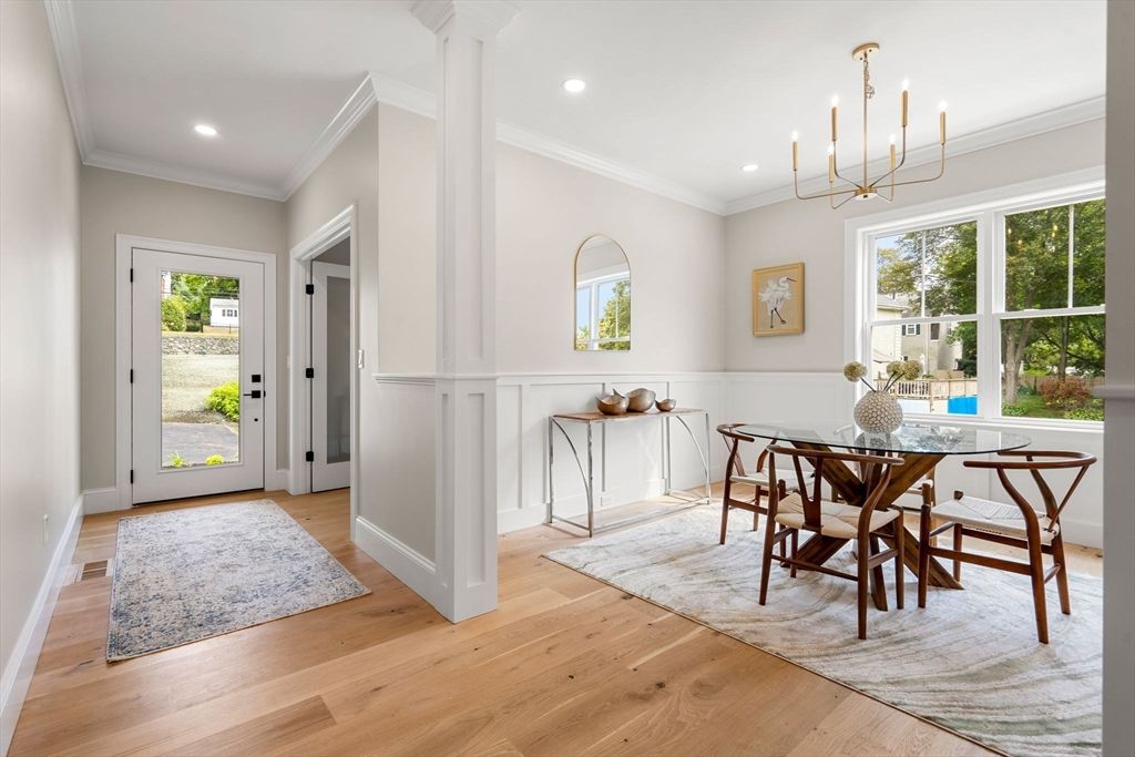 Dining room, Interior, Pendant Lights, Recessed Lighting, Wood Texture Flooring