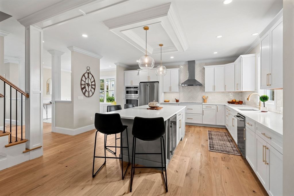 Interior, Kitchen, Pendant Lights, Recessed Lighting, Stainless Steel Appliances, Wood Texture Flooring