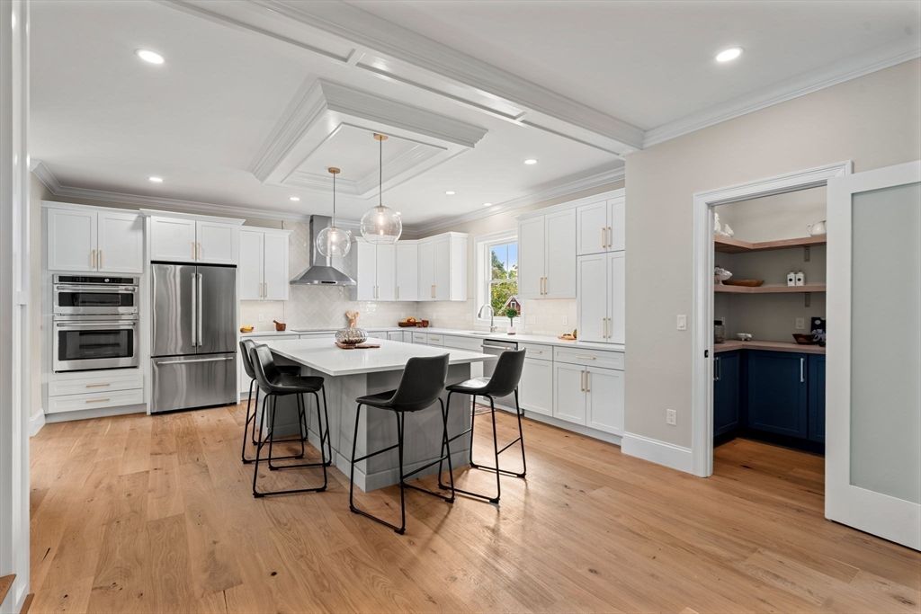 Interior, Kitchen, Pendant Lights, Recessed Lighting, Stainless Steel Appliances, Wood Texture Flooring