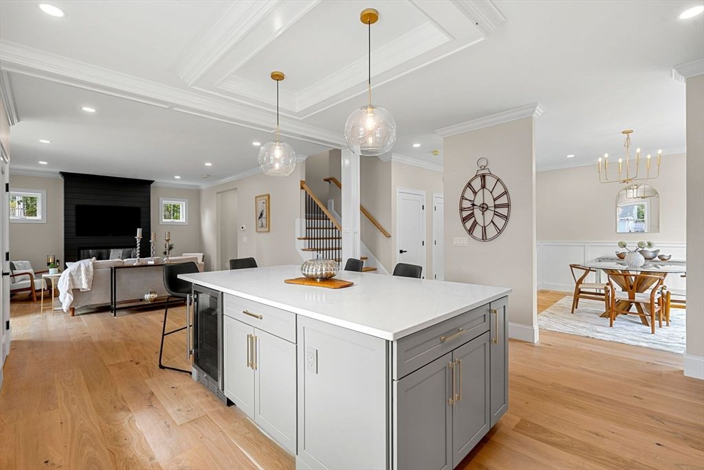 Dining room, Fireplace, Interior, Kitchen, Living room, Pendant Lights, Recessed Lighting, Wood Texture Flooring