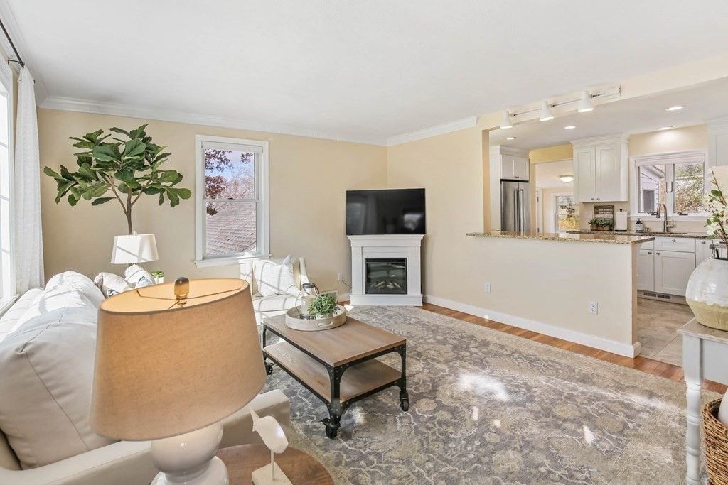 Fireplace, Interior, Kitchen, Living room, Recessed Lighting, Stainless Steel Appliances, Wood Texture Flooring