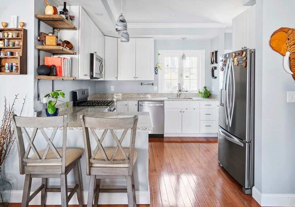 Interior, Kitchen, Pendant Lights, Stainless Steel Appliances, Wood Texture Flooring