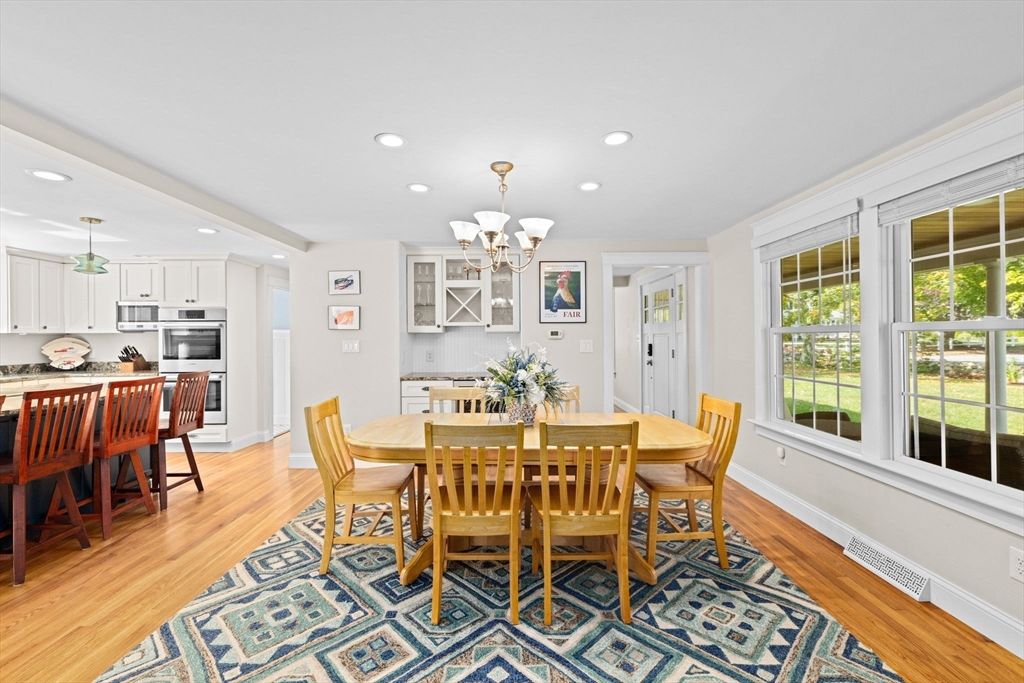 Chandelier, Dining room, Interior, Kitchen, Recessed Lighting, Stainless Steel Appliances, Wood Texture Flooring