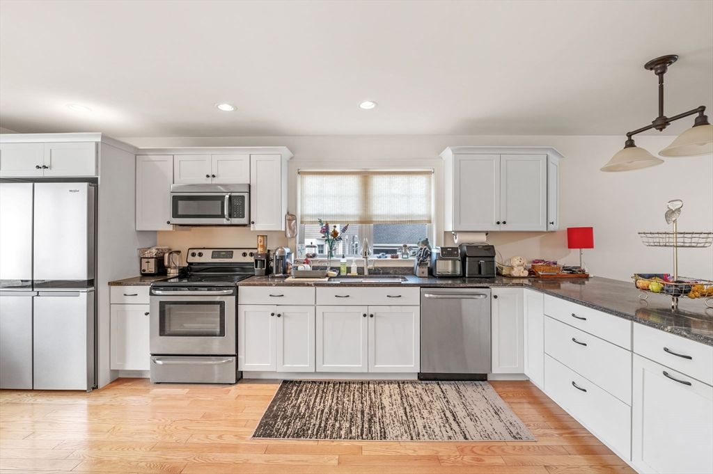 Interior, Kitchen, Pendant Lights, Recessed Lighting, Stainless Steel Appliances, Wood Texture Flooring