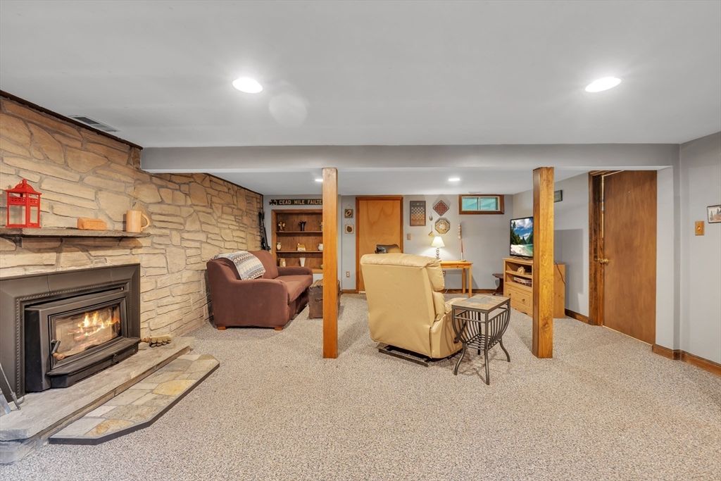 Fireplace, Interior, Recessed Lighting, Stone Walls
