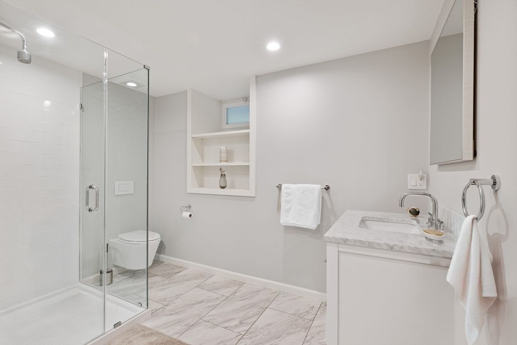 Bathroom, Glass Shower, Interior, Marble, Recessed Lighting