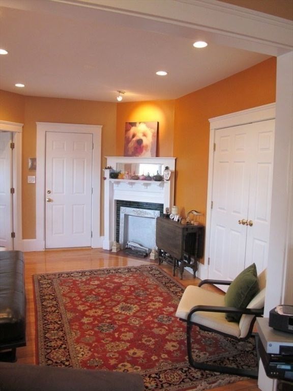 Fireplace, Home Office, Interior, Recessed Lighting, Wood Texture Flooring