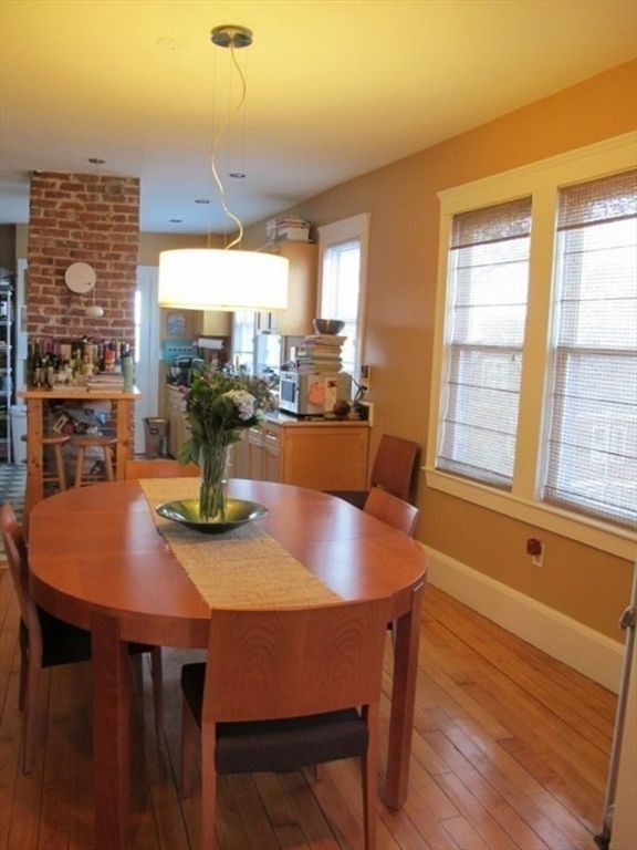 Dining room, Interior, Kitchen, Pendant Lights, Stone Walls, Wood Texture Flooring