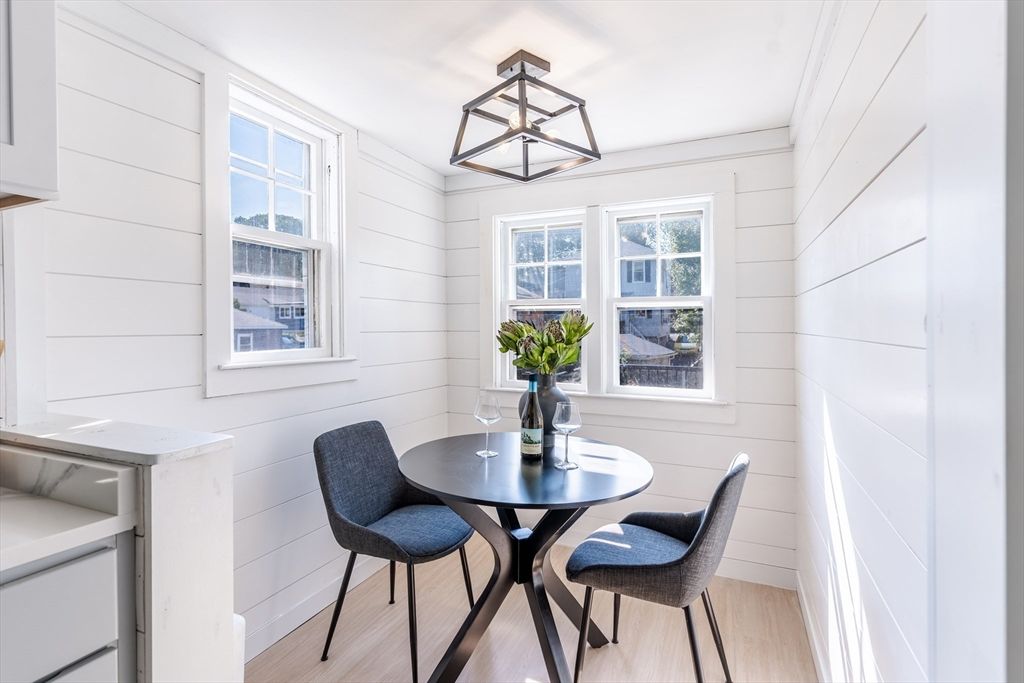 Dining room, Interior, Pendant Lights, Wood Texture Flooring