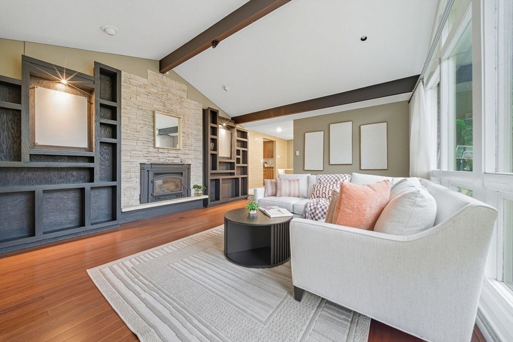 Fireplace, Interior, Living room, Recessed Lighting, Stone Walls, Wooden Beams, Wood Texture Flooring